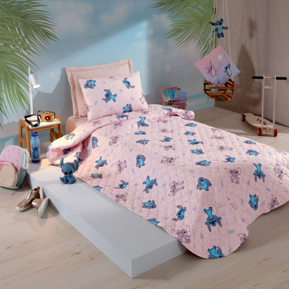 Cobre Leito  Hedrons Solteiro (160x235)  Disney Stitch Love Rotativo 