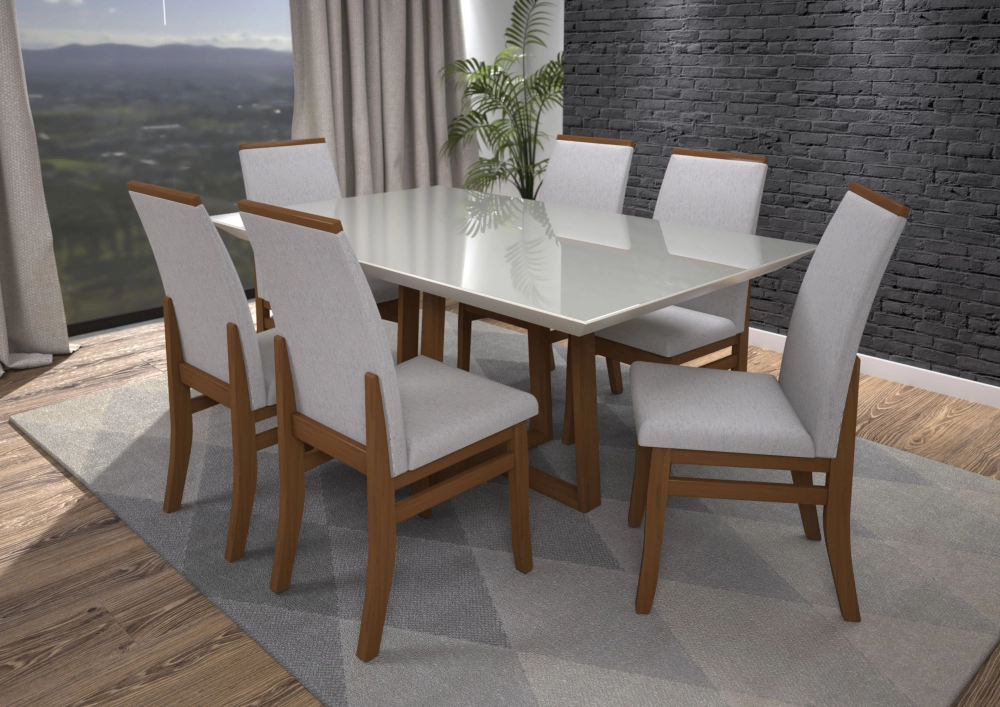 Conjunto de Mesa Galles 160cm com 06 Cadeiras Veneza Canela(A10) Facto Bege (TEC E128)  TRADIÇÃO  