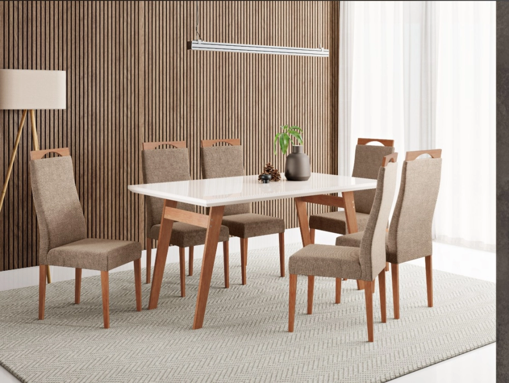 Conjunto de Mesa Ônix 154cm com 6 Cadeiras Grécia de Linho Marrom (TEC 001) MADETAL
