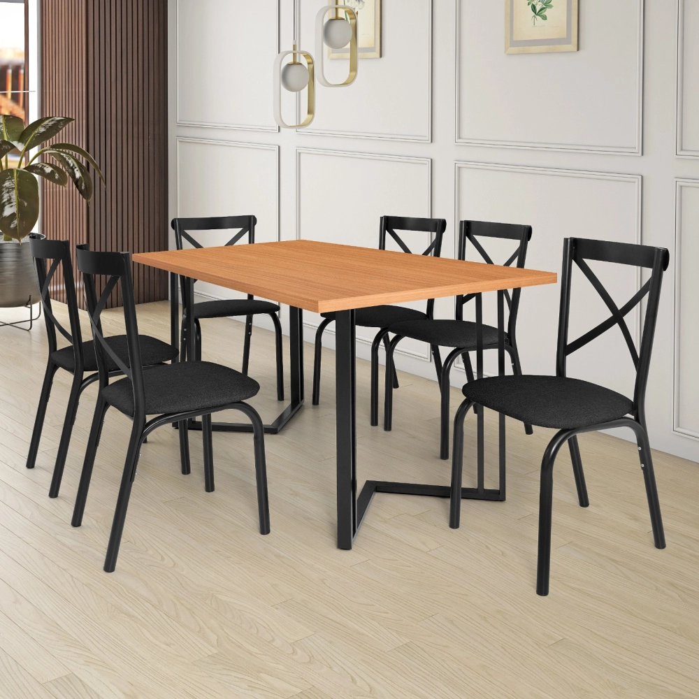 Conjunto Mesa Loft 160 Preto Fosco/Freijó com 06 Cadeiras Karina Preto Fosco/Preto CIPLAFE