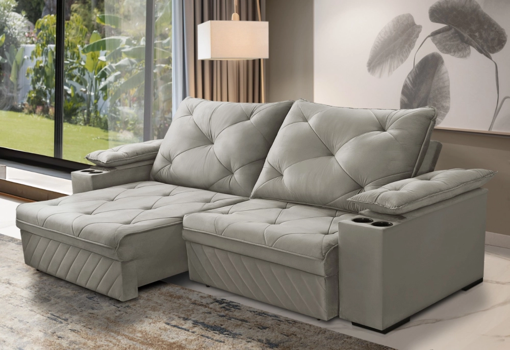 Estofado Imperador 3L Retrátil e Reclinável Mola Ensacada Suede Cinza (TEC 922) 2.30m Porta Copo JANDAIA
