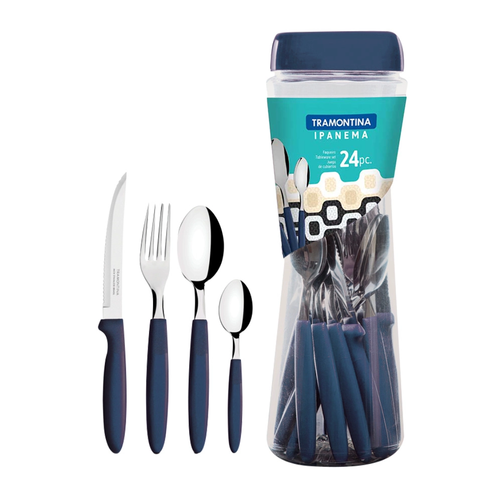 Faqueiro Ipanema Inox/Azul com Pote Plástico 24 Peças (Ref: 23399191) TRAMONTINA