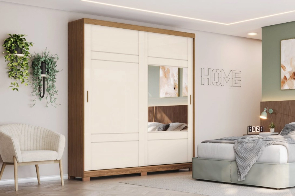 Roupeiro 2P Deslizante com Espelho Verg Nature/Off White (D239-127) HENN 